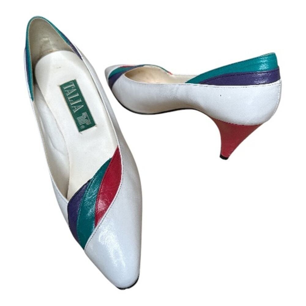 VTG 1980's Italia Leather White Red Green Coral Heels 2.5" Shoes Size 8N
